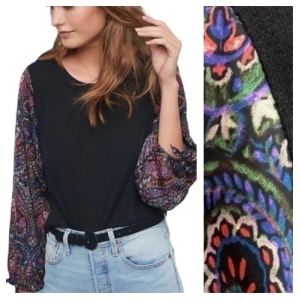 Anthropologie Akemi + Kin Black with Colorful Paisley Tie Sleeves Maybelle Top